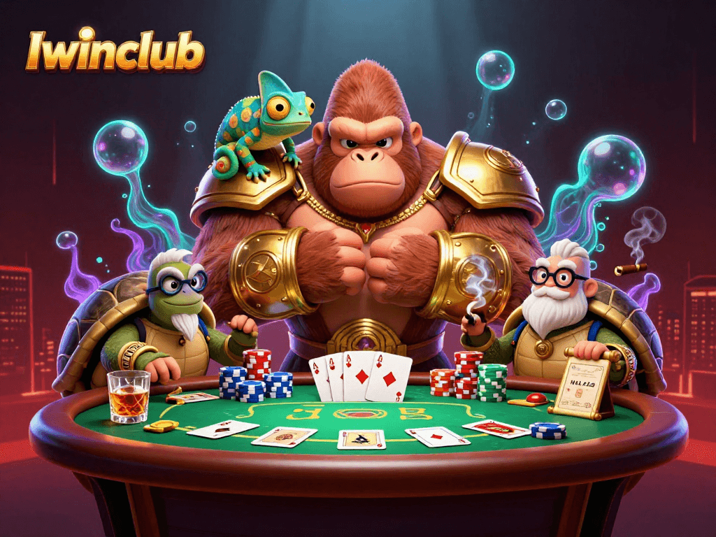 Iwinclub showcases a vibrant scene of a 3D cartoon gorilla in armor and his companions engaged around a poker table.