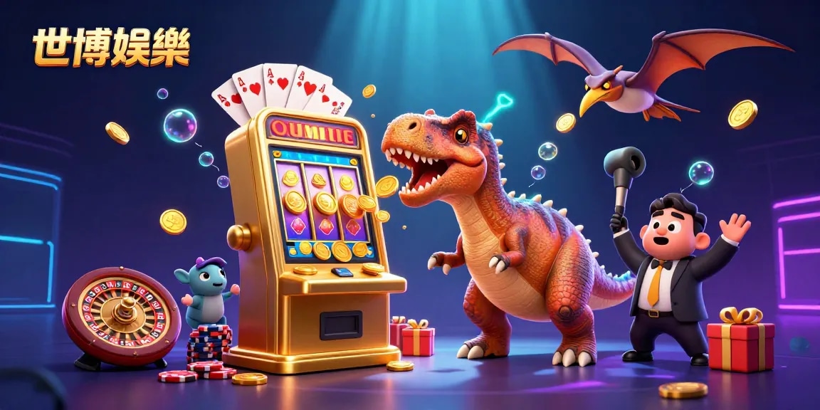 世博娛樂的3D插畫，恐龍激烈撞擊金色老虎機，獲得豐厚獎金！