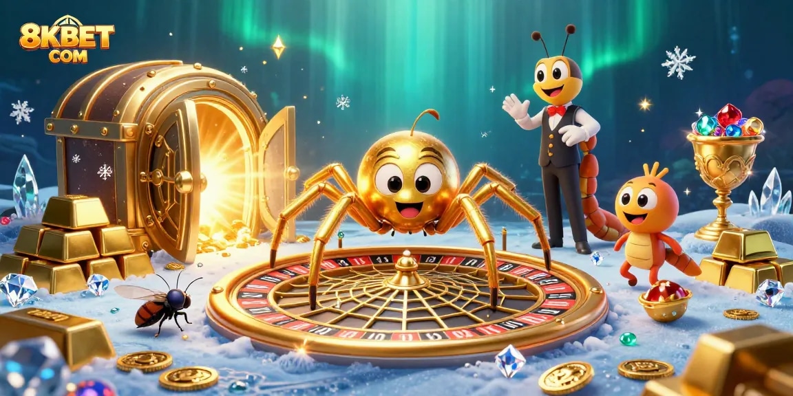 Engage in thrilling gambling at 8KBET COM with a magical scene of vibrant 3D casino elements.
