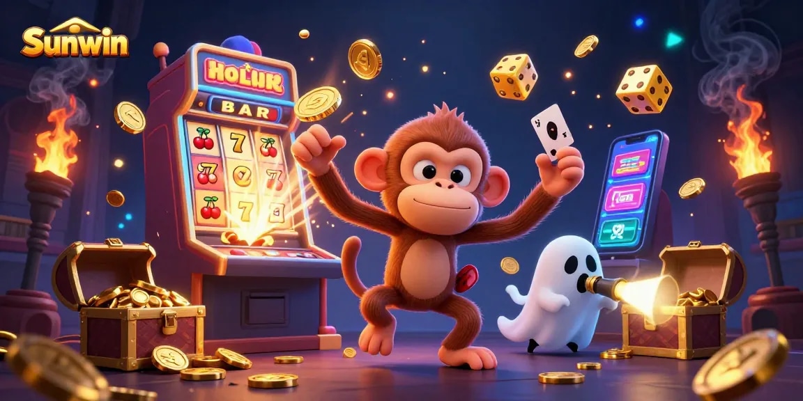 Experience thrilling gameplay at Sunwin with a playful monkey and a curious puppy in a vibrant casino atmosphere.