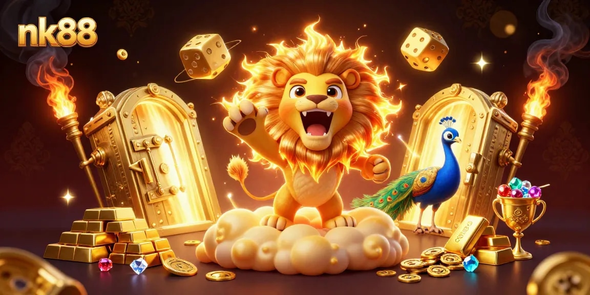 Experience thrilling nk88 gaming action with a sun lion surrounded by gold and jewels in a 3D illustration.