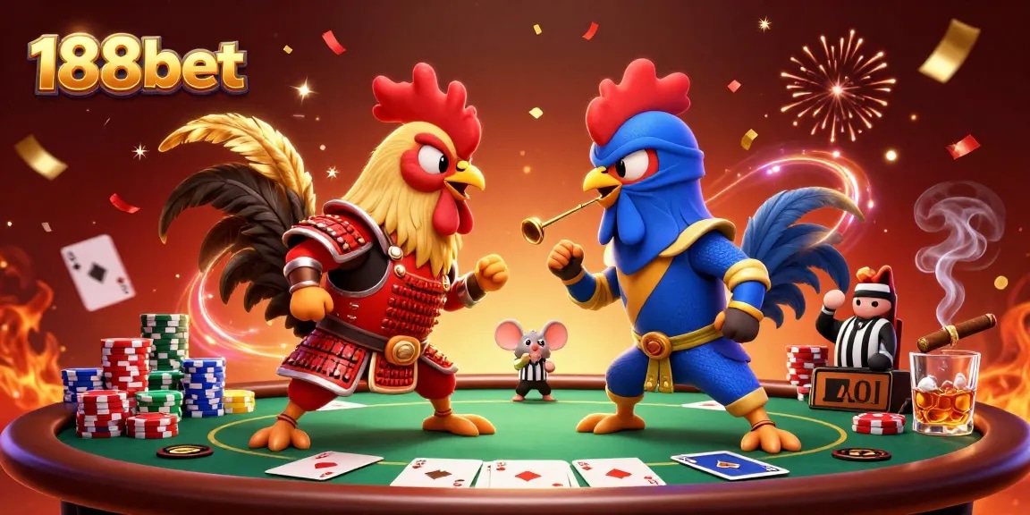 Join the action with 188bet's thrilling poker scene, featuring battling roosters and vibrant casino elements.