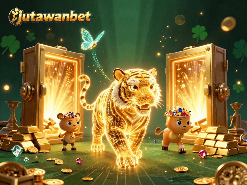 Experience thrilling winnings at jutawanbet with golden tiger animations and casino treasures in a vibrant digital landscape.