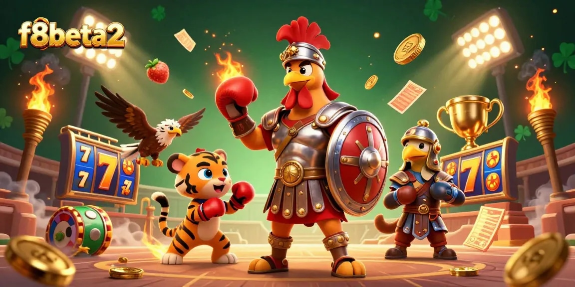 f8beta2 slots illustration shows a gladiator rooster, tiger cub, and eagle amidst a vibrant casino scene