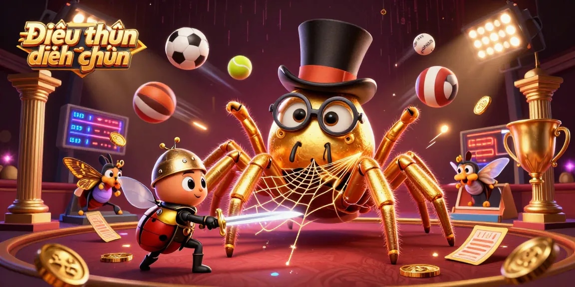 Engage with Điều khoản điều kiện as a golden tarantula webs between casino pillars, while beetle knights prepare for the game.