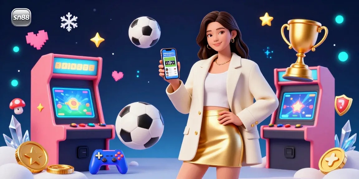 Experience immersive sports betting with sn88 as a beautiful Asian woman engages enthusiasts in a 3D casino scene.