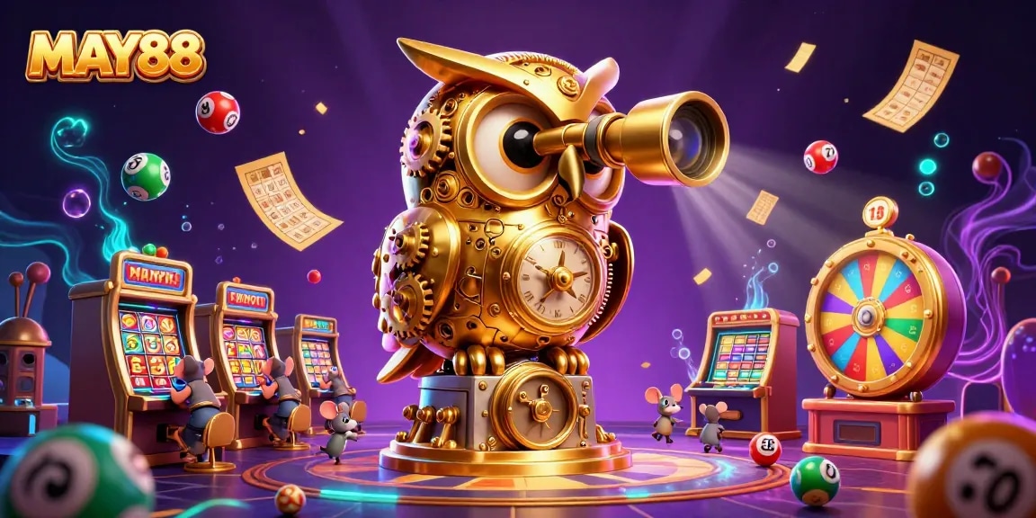 Experience the dynamic world of MAY88 with vibrant casino elements including an owl, lottery balls, and more.