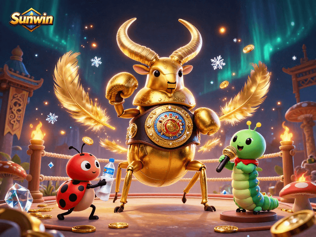 Sunwin features a golden stag beetle champion in an exciting casino showdown with vibrant dynamic elements.