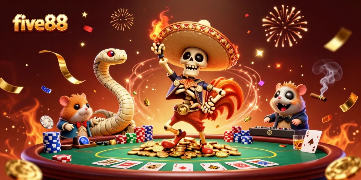 Experience the thrill of five88 with a vibrant 3D casino scene featuring celebration and excitement.