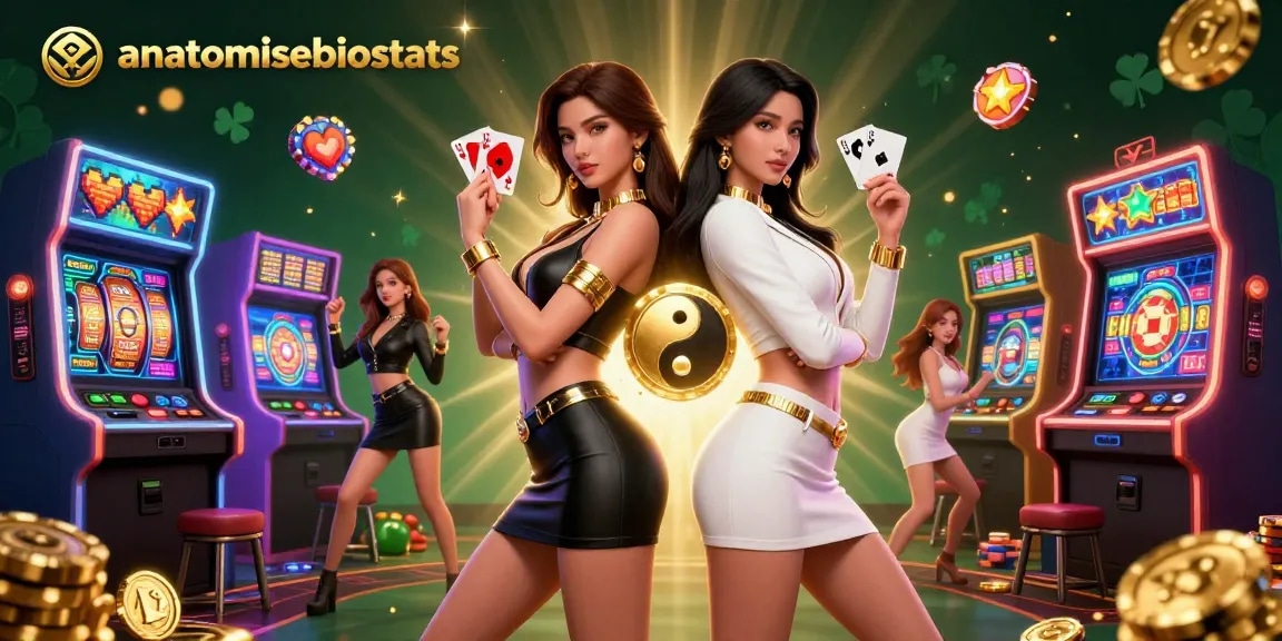 Play winning strategies with anatomisebiostats in a vibrant casino scene featuring twin sisters with cards.