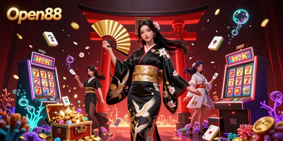 Engage with Open88's vibrant casino scene featuring an elegant character and colorful slot game elements amid bioluminescent underwater effects.