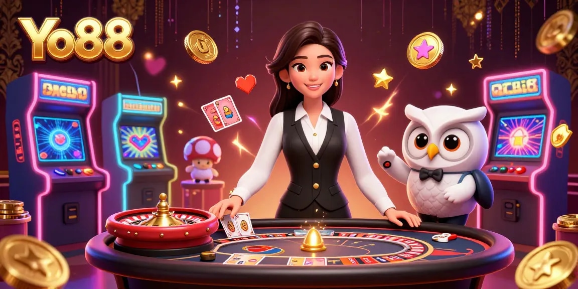 Engage with Yo88's stylish baccarat gameplay featuring a skilled dealer and vibrant gaming elements.