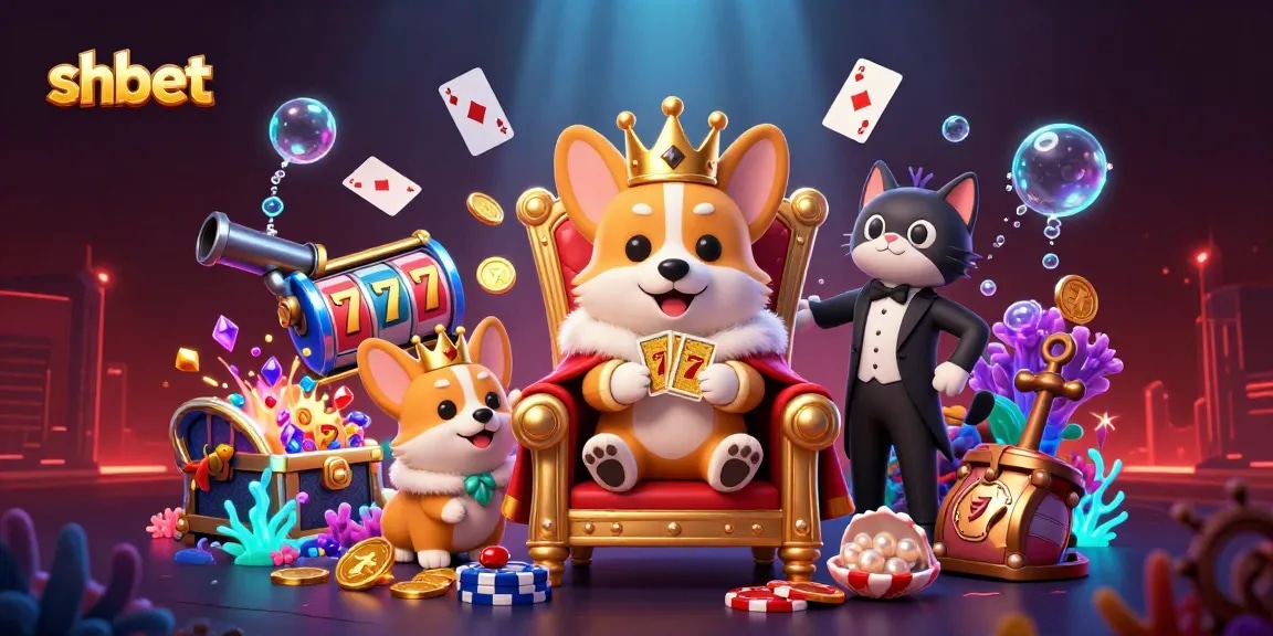 Experience thrilling slots with shbet's royal corgi at a casino-themed underwater adventure.