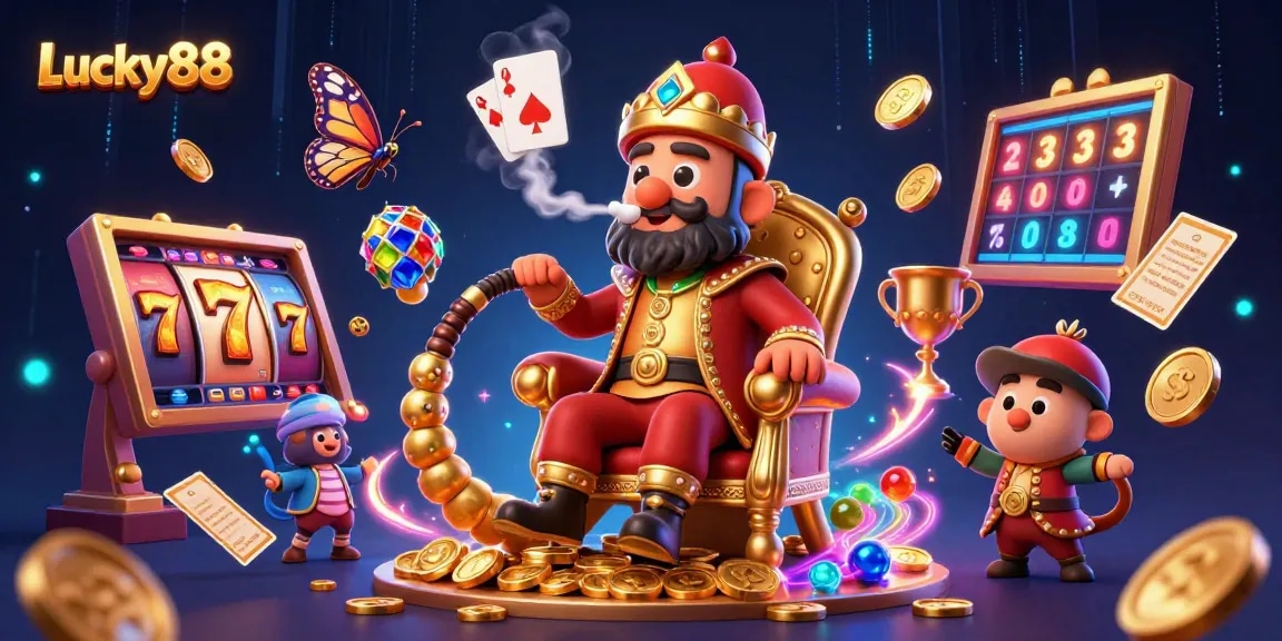 Play Lucky88 with thrilling slot reels and lucky symbols in this vibrant casino artwork.