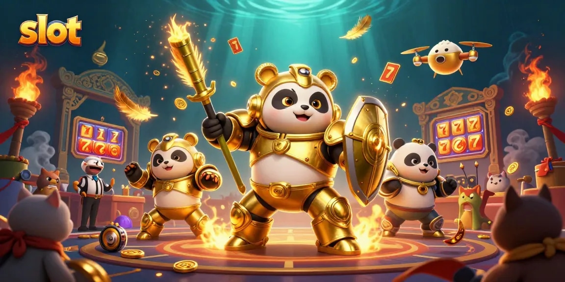 Menangkan jackpot slot di arena dengan panda emas yang mengemudikan robot bertarung sambil dikelilingi oleh penonton hewan.