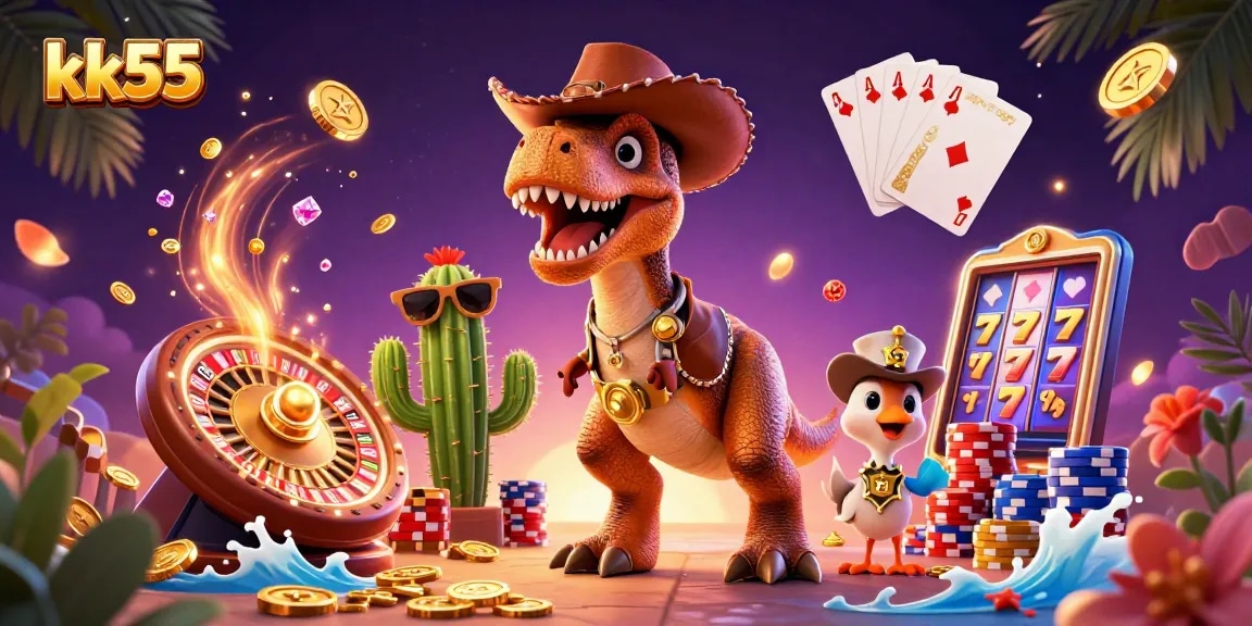 kk55 engages players with colorful casino characters amidst vibrant gaming elements.