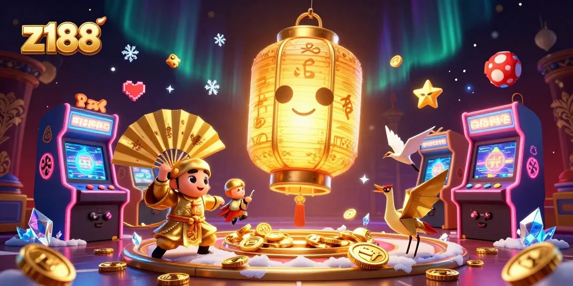 Engaging scene showcasing z188 with golden lantern spirit and colorful casino elements highlighting vibrant gaming experience.