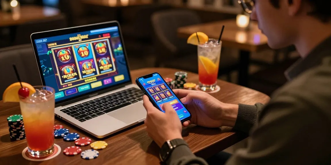 Player using KO66 app in trendy café with colorful casino chips and drinks