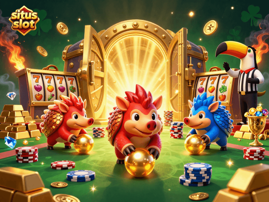 Engage in situs slot games with dynamic penguin rivals amidst gold and jewels.