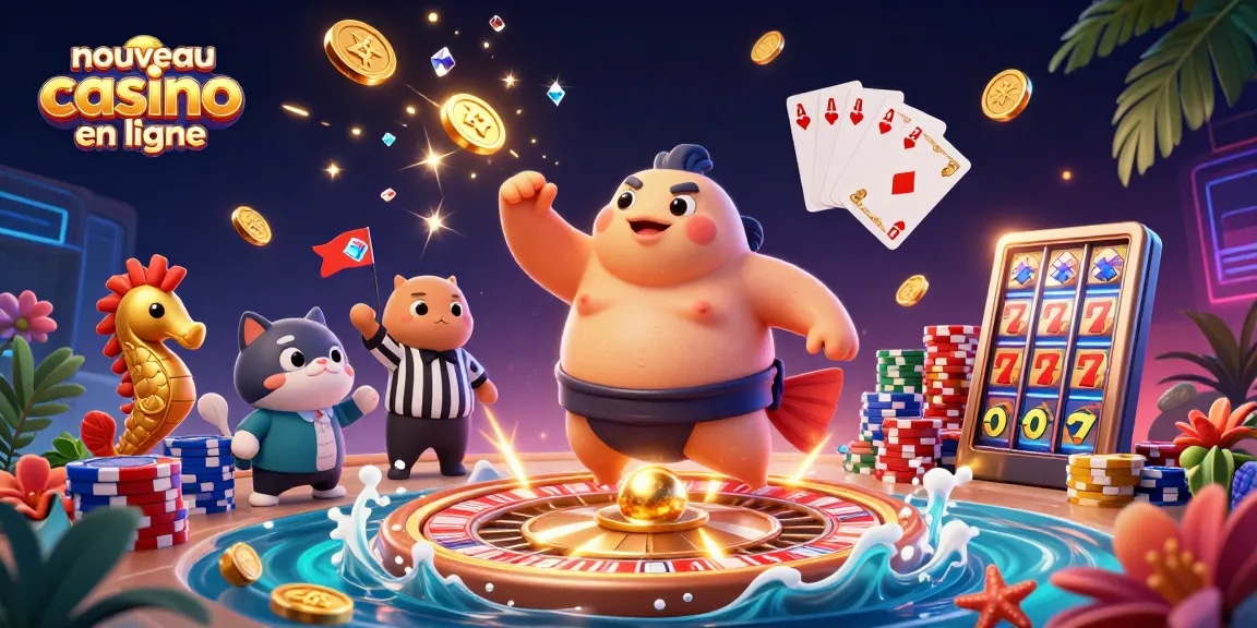 Nouveau casino en ligne présente une scène de casino sous-marin avec un fugu portant une ceinture mawashi.