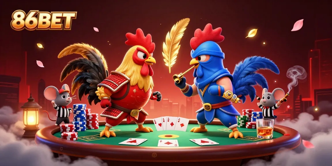 Engage with the thrilling standoff of 86BET's cartoon fighting roosters in a poker showdown.
