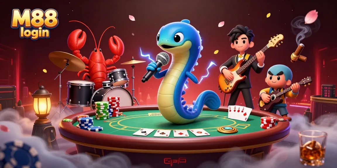 M88 login showcases an electric eel DJing at an underwater casino, highlighting rich poker-themed elements.