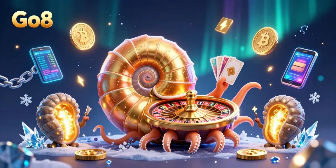 Engage in thrilling gameplay with Go8's unique nautilus-themed casino adventure amidst glowing crypto elements.