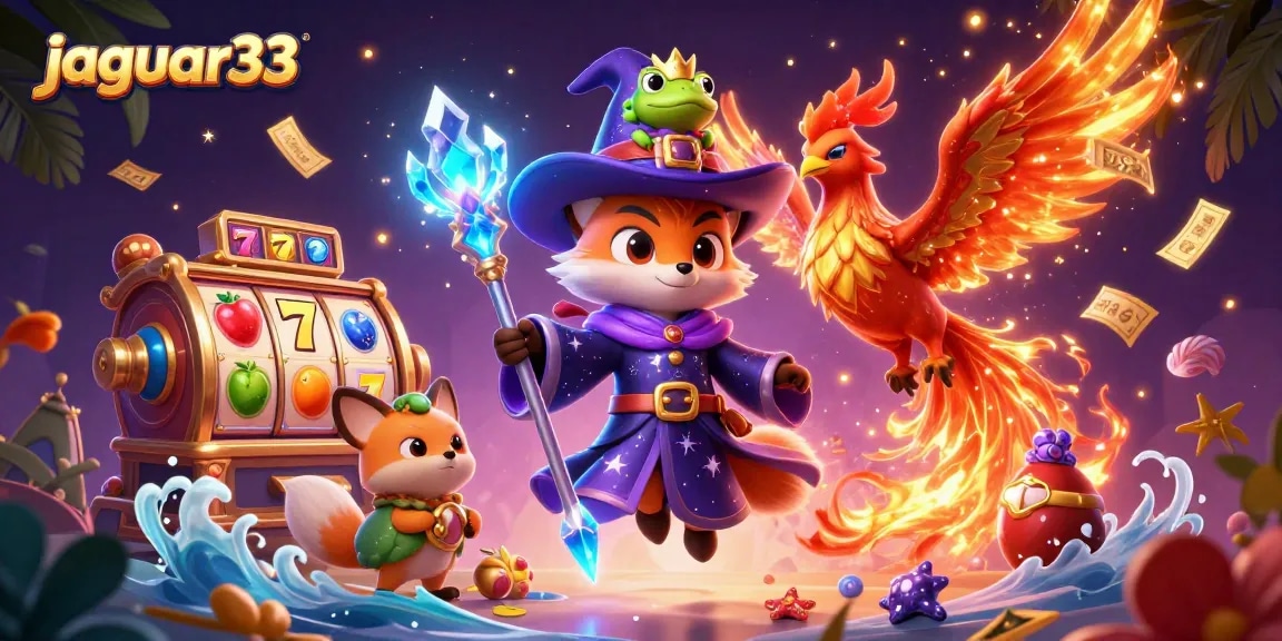 Experience jackpots with jaguar33's magical 3D scene featuring colorful slot reels and dynamic game elements.