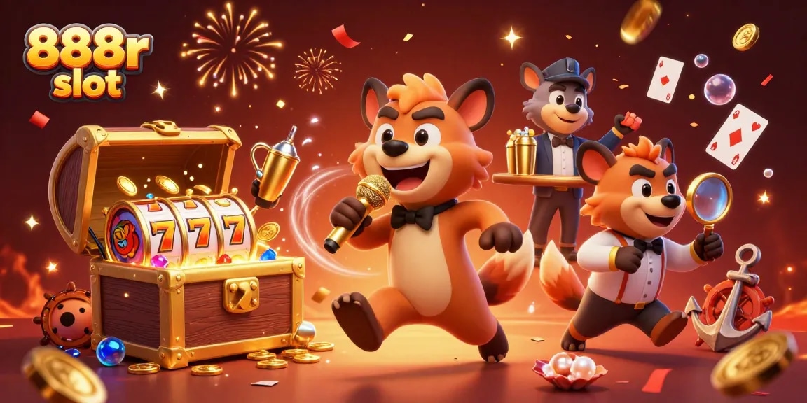 Engage with the vibrant 888r slot experience featuring 3D hyenas in a lively casino scene.