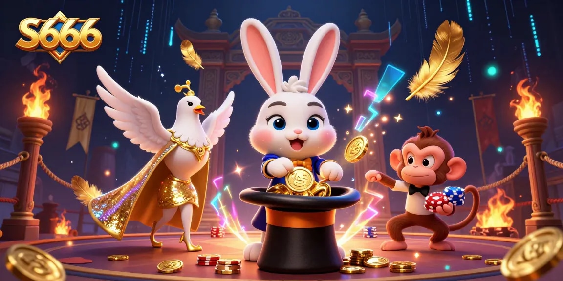 Experience S666's magical casino adventure with a captivating rabbit, dove, and monkey, surrounded by vibrant casino elements.