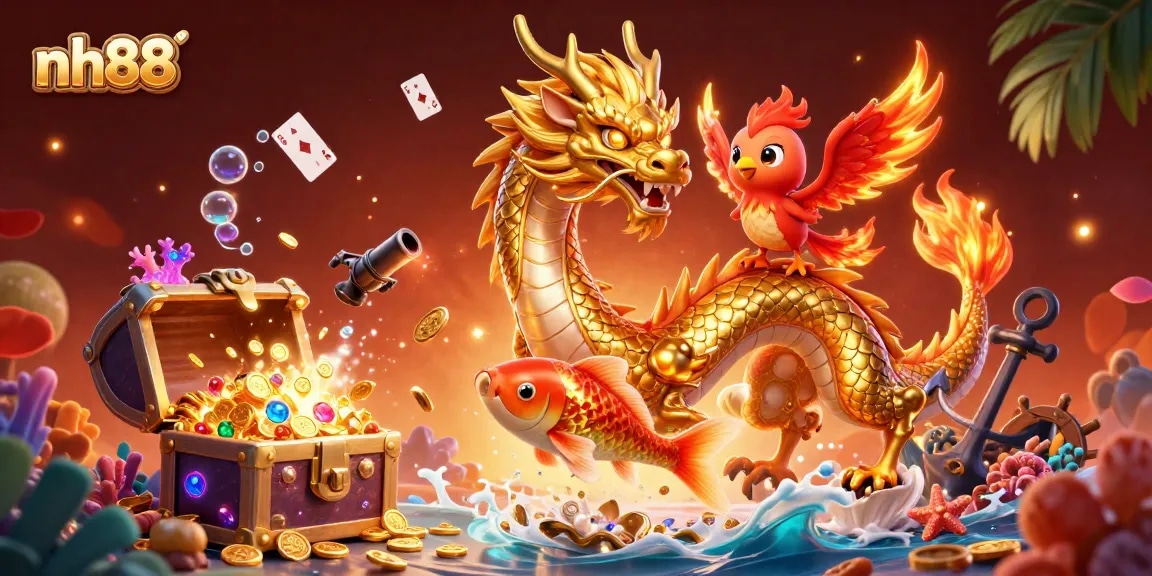 Engage in the thrilling world of nh88 with a vibrant 3D illustration showcasing dynamic casino and aquatic elements.