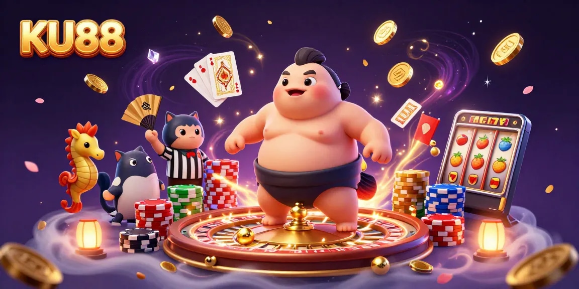 KU88's underwater casino scene featuring a blowfish and a catfish referee amidst lively gambling elements.