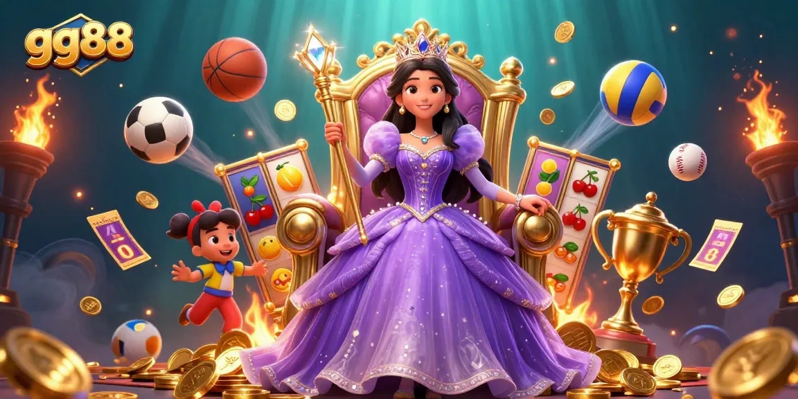 Engage with gg88's vibrant casino universe, featuring a regal princess and dynamic gaming elements.