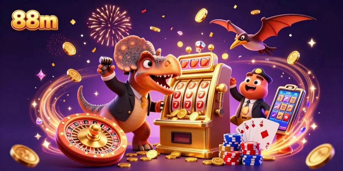 88m jackpot experience with a dinosaur-themed casino scene, featuring excitement and colorful elements.