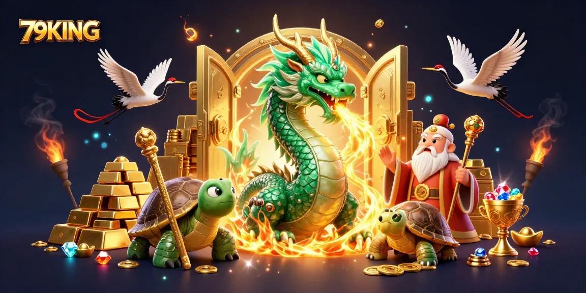 Experience thrilling wins with 79KING's massive jade dragon and golden treasures in this magical casino scene.