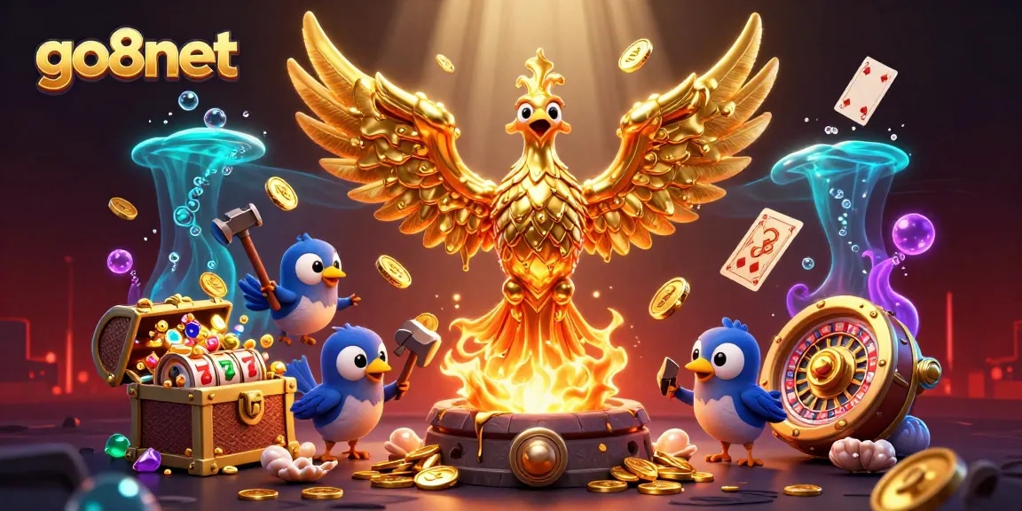 Engage in thrilling bets and jackpots with go8net's golden phoenix amidst a vibrant casino.