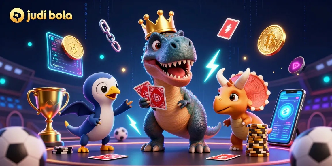 Engage in judi bola with a vibrant scene of a friendly T-Rex shuffling cards and a pterodactyl assistant.