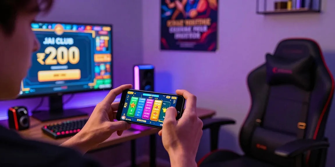 Player enjoying Jai Club games on smartphone with exciting graphics and a ₹200 bonus screen, vibrant gaming corner.