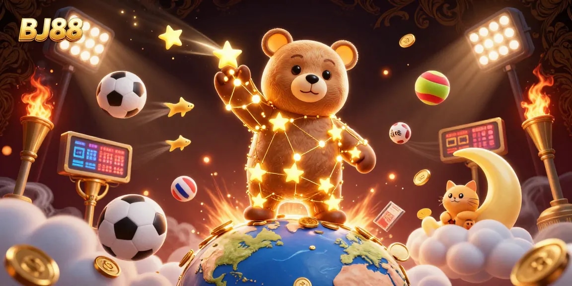 Engage with BJ88's thrilling sports betting environment featuring vibrant coins, dynamic sports balls, and starry characters.