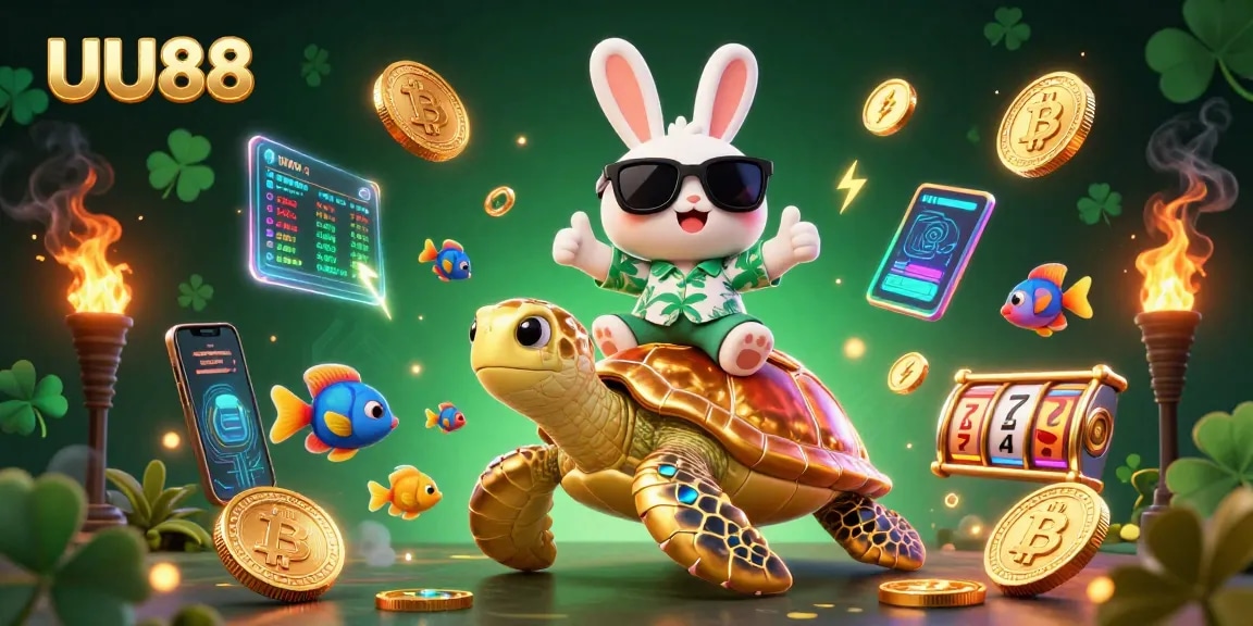 Experience thrilling wins with UU88's vibrant gaming world, featuring a lucky rabbit and a golden sea turtle!