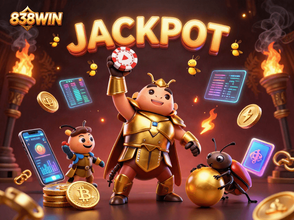 Experience the thrill of 838WIN with a cartoon gladiator beetle celebrating a jackpot in a vibrant casino scene.