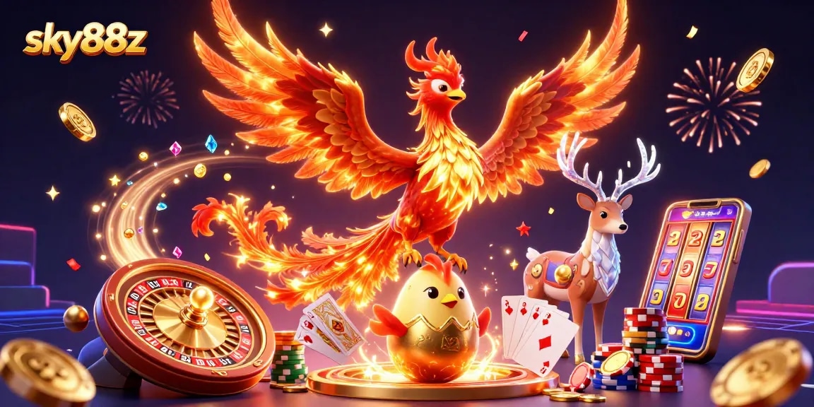 Engage in thrilling moments at sky88z with vibrant fireworks and animated casino elements.