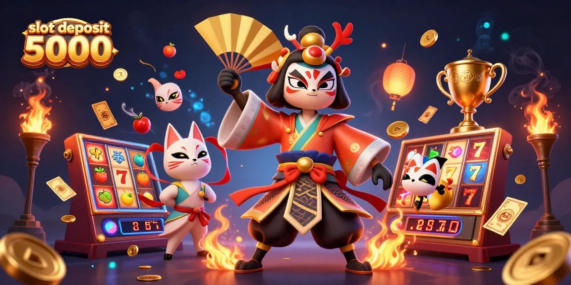 Engage with the exciting slot deposit 5000 experience featuring a kabuki warrior and vibrant slot elements.