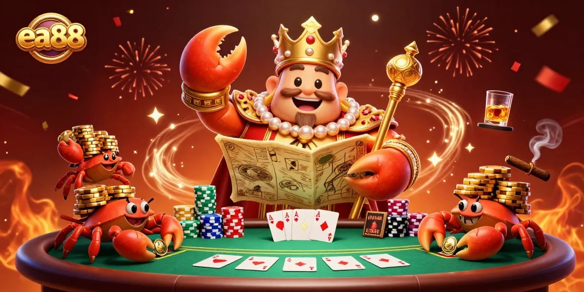 Win big at ea88 with a golden crab emperor leading the poker table, surrounded by riches.