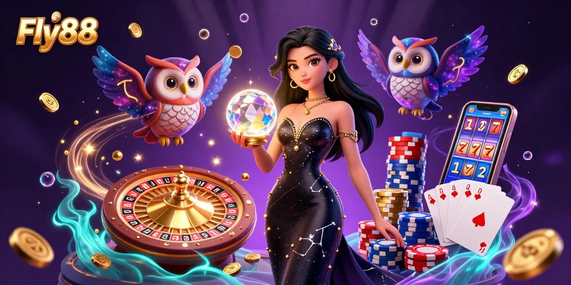 Experience the magic of Fly88 as a stunning woman holds a crystal ball amidst a vibrant casino scene with spinning roulette, golden coins, and lively game elements.