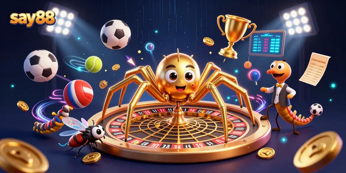 Experience thrilling bets at say88 with a dynamic scene showcasing a golden roulette wheel and lively game elements.