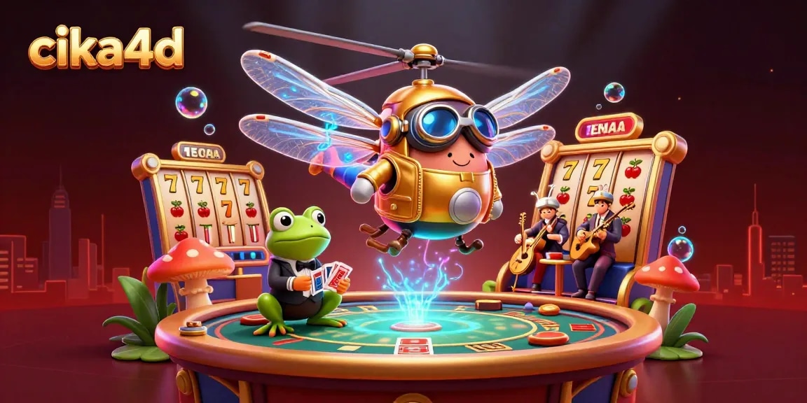 Engage with cika4d at this vibrant casino scene featuring a dragonfly pilot, frog dealer, and lively jazz musicians.