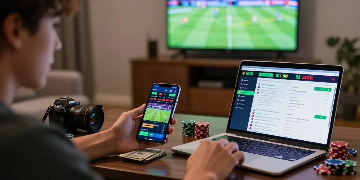 Engaged user betting on sports through bandarbola855 platform in a vibrant living room.