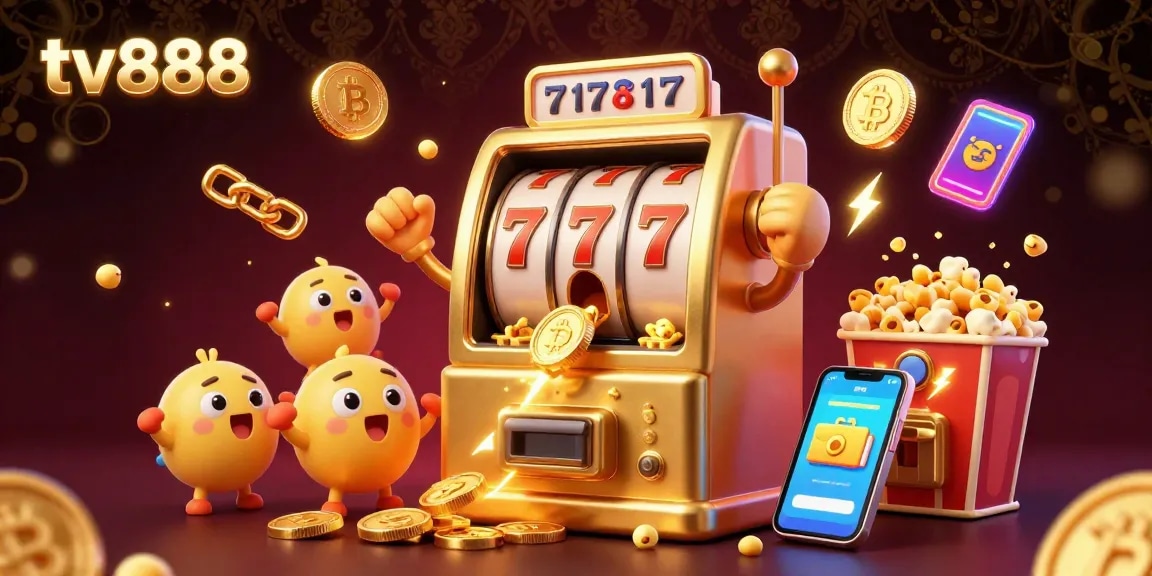 Win big with tv888 as a golden slot machine hits a jackpot, coins cascading everywhere!