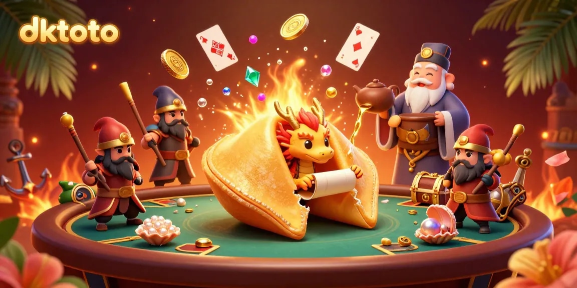 dktoto invites you to strategize at a lively baccarat table with golden fortune elements and dragons.